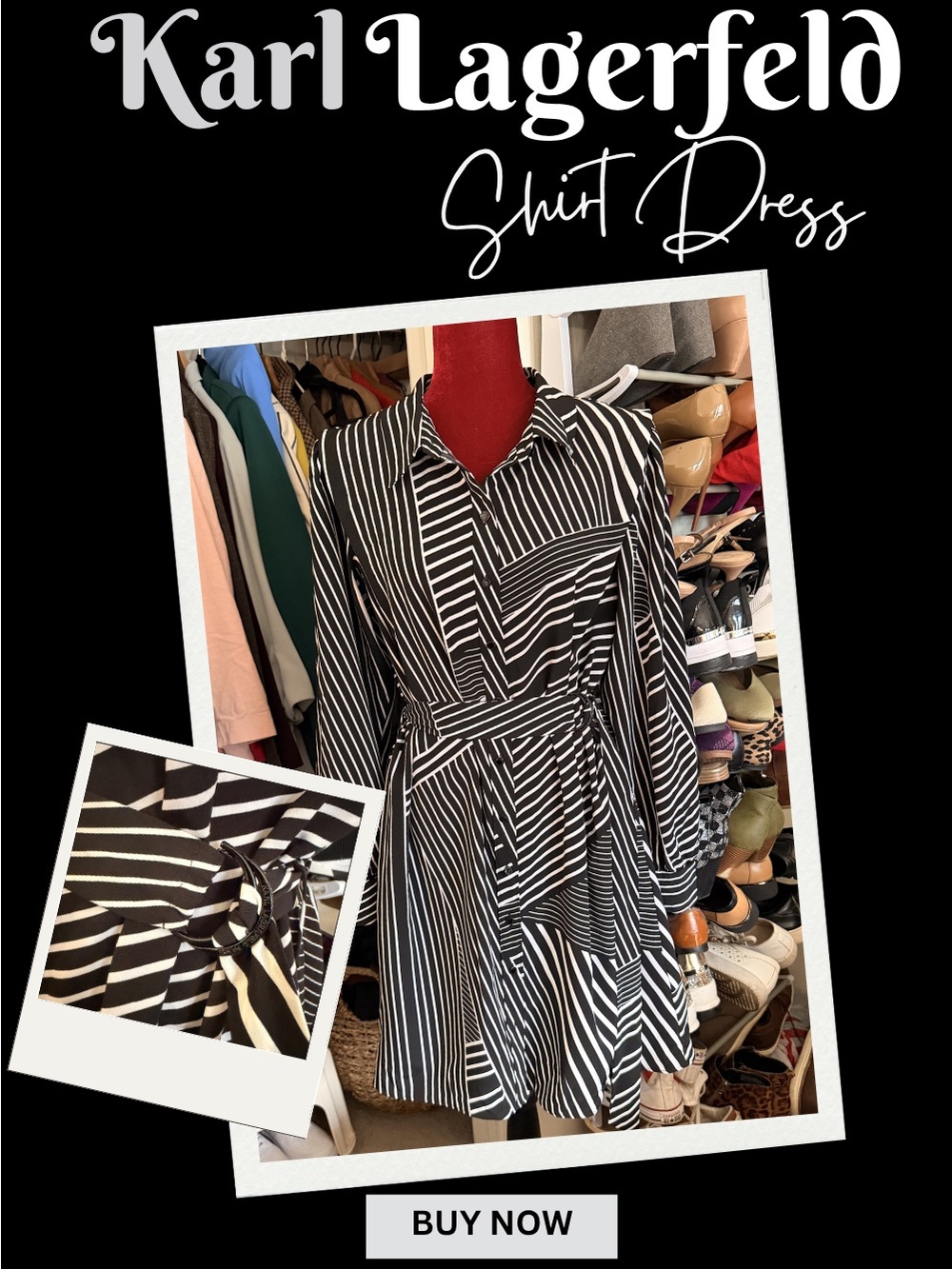 Karl Lagerfeld Black and White Striped Long Sleeve Shirt Dress